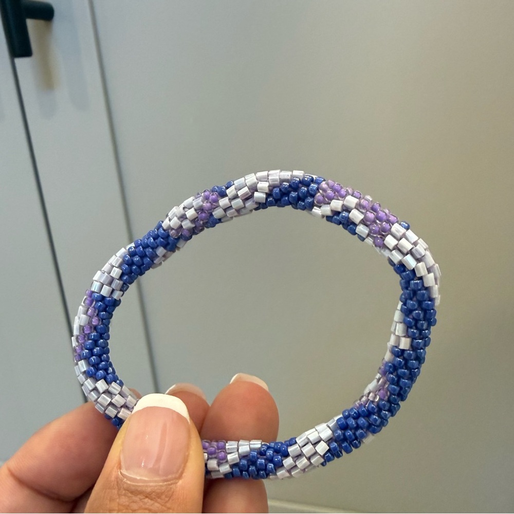Made in NEPAL 100% Handmade seed beaded bangle Blue, Purple, and White bracelet